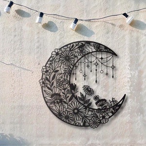 Arte de pared de metal con forma de media luna floral: decoración celestial personalizable para el hogar y el jardín, escultura de pared de acero con diseño floral estilo bohemio para interiores