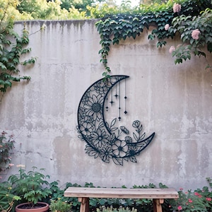 Arte de pared de metal con forma de media luna y estrellas con diseño floral: decoración de pared celestial personalizable para el hogar y espacios al aire libre, arte de pared con forma de media luna y flores