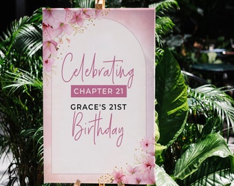 21st Birthday Welcome Sign – “Celebrating Chapter 21” Pink Floral – Personalised Milestone Party Sign, Design, Printed & Delivered (A1)