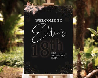 18th Birthday Welcome Sign – Black and Gold Confetti – Personalised Milestone Party Sign, Custom Design, Printed & Delivered (A1)