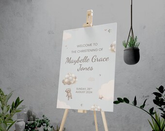 Christening Welcome Sign with Teddy Bear & Balloons | Neutral Baby Baptism Sign | Personalised Designed, Printed and Delivered