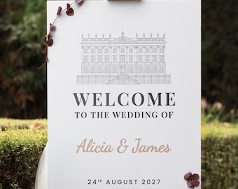 Elegant Wedding Welcome Sign with Venue Illustration – Custom Design, Printed & Delivered | A1 Size