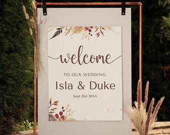 Autumn Floral Wedding Welcome Sign | Boho Fall Wedding Sign | Personalised Wedding Ceremony & Reception Decor