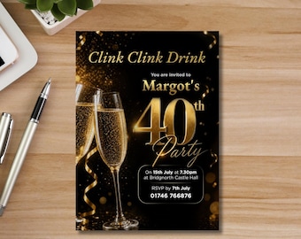 Black & Gold Champagne Birthday Invitation | 40th Invite NO DIY | Adult Milestone Celebration | Printed and Delivered or Digital File