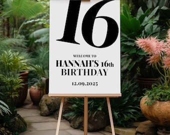 Cartello di benvenuto per il 16° compleanno – Numero grande minimale in bianco e nero – Cartello personalizzato per la festa dei 16 anni, design, stampa e consegna (A1)