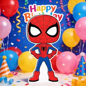 May include: A Spider-Man cutout stands in front of a backdrop of colorful balloons and confetti. The cutout is red and blue with a black spider emblem. The words "Happy Birthday" are at the top. Party hats and streamers are also visible.