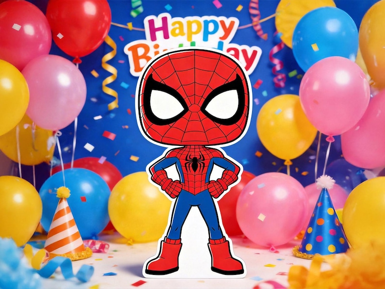 May include: A Spider-Man cutout stands in front of a backdrop of colorful balloons and confetti. The cutout is red and blue with a black spider emblem. The words "Happy Birthday" are at the top. Party hats and streamers are also visible.
