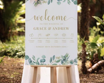 Wedding Welcome Sign with Eucalyptus Greenery and Timeline – Personalised, Designed, Printed and Delivered (A1 size)