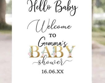 Baby Shower Welcome Sign – “Hello Baby” Modern Script (Gold BABY Floral) – Personalised, Custom Design, Printed & Delivered (A1)