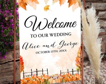 Rustic Autumn Wedding Welcome Sign: Personalised Fall Leaves Decor