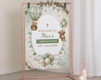 Christening Welcome Sign – Teddy Bear Hot Air Balloon (Sage Green) – Personalised Baptism/Naming Day Sign, Printed & Delivered (A1 size)