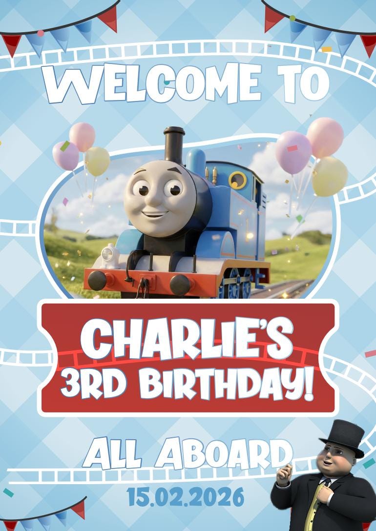 Thomas Train Birthday Welcome Sign – Blue Steam Engine Party Sign (all ...