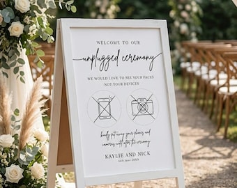Unplugged Wedding Ceremony Sign – Minimal Black and White, “Welcome to Our Unplugged Ceremony” – Personalised, Printed & Delivered (A1 size)