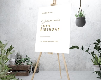 30th Birthday Welcome Sign – Minimal White and Gold Floral Corner – Personalised Milestone Party Sign, Printed & Delivered (A1)