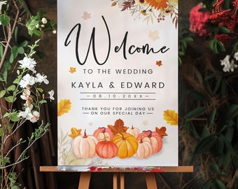Rustic Autumn Wedding Welcome Sign: Pumpkins & Fall Leaves (A1 Size)