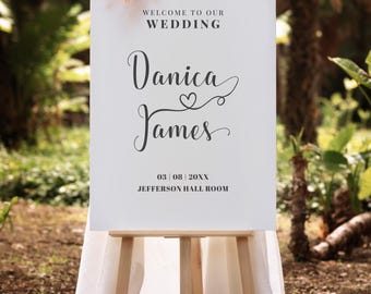 Wedding Welcome Sign – Minimal Black and White Script Names with Hearts – Personalised, Designed, Printed & Delivered | A1 Size