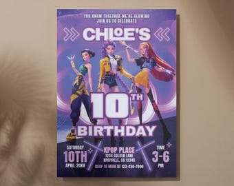 Invito di compleanno K-Pop / Invito personalizzato per festa K-Pop / Invito per il 10° compleanno / Festa danzante K-Pop / Inviti stampati + opzione digitale
