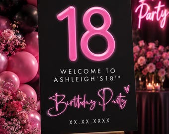 Neon 18th Birthday Welcome Sign (Printed and Delivered) | Custom Name and Date Party Sign | Pink & Black Modern Glam Entrance Sign