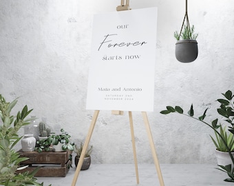 Wedding Welcome Sign – “Our Forever Starts Now” Minimal Black and White – Personalised, Designed, Printed & Delivered (A1 size)