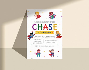 Superhero 5th Birthday Invitation | Kids Party Invite | Personalised Printed or Digital copy Birthday Invitation for Boys & Girls | A5