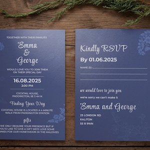 Elegant Navy Floral Wedding Invitation – Personalised Script Design