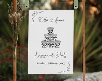 Engagement Party Welcome Sign – Champagne Tower Line Art – Minimal Black and White, Personalised, Design, Printed & Delivered (A1 size)