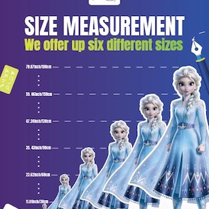 May include: A graphic featuring the text "SIZE MEASUREMENT" and "We offer up six different sizes." Six illustrations of a character in a blue dress are displayed, with size measurements ranging from 11.81 inches/30cm to 70.87 inches/180cm.