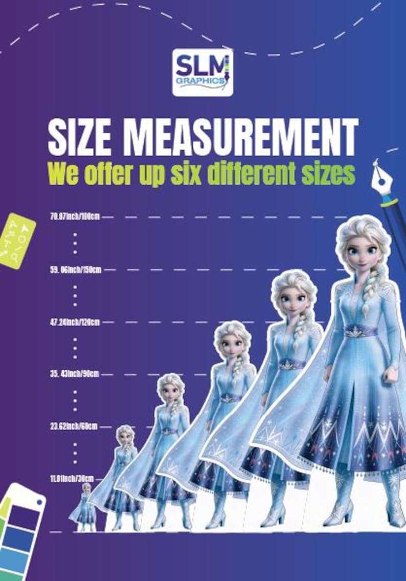 May include: A graphic featuring the text "SIZE MEASUREMENT" and "We offer up six different sizes." Six illustrations of a character in a blue dress are displayed, with size measurements ranging from 11.81 inches/30cm to 70.87 inches/180cm.