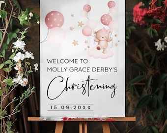 Pink Teddy Bear Christening Welcome Sign: Personalised Baby Girl Baptism Decor | A1 Size