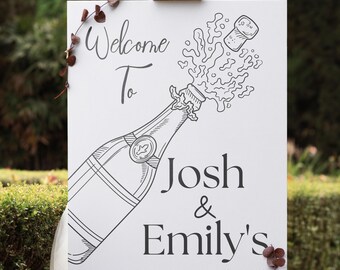 Engagement Party Welcome Sign – Black & White Champagne Pop – Personalised Sign, Custom Design, Printed and Delivered (A1 size)