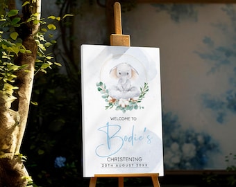 Christening Welcome Sign – Baby Elephant & Eucalyptus – Personalised Baptism Sign, Design, Printed and Delivered (A1 size)