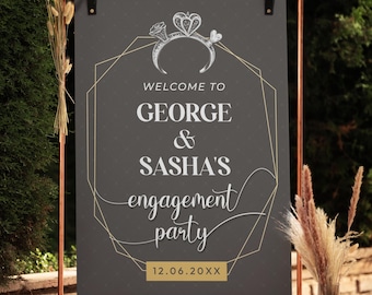 Engagement Party Welcome Sign – Charcoal and Gold Ring/Geometric Frame – Personalised Sign, Custom Design, Printed & Delivered (A1 size)
