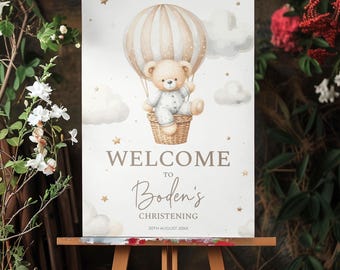 Teddy Bear Christening Welcome Sign: Hot Air Balloon Decor | A1 Size | Designed Printed and Delivered