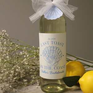 Etiqueta de vino para despedida de soltera / Etiqueta personalizada para vino o licor / Estética nupcial / Último brindis en la costa / Minimalista playa azul/blanca