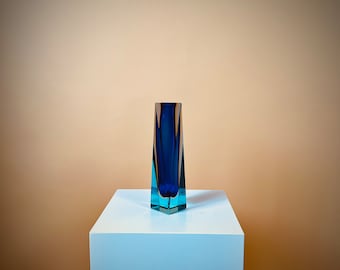 Facettierte Vase aus Murano-Sommerso-Glas in Blau und Gelb, Flavio Poli für Seguso