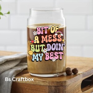 Mental Health Glass Cup, 16oz Glass Tumbler with Bamboo Lid, Iced Coffee Cup, Reusable Glass Can, Gift, Mental Health Matters, Affirmations