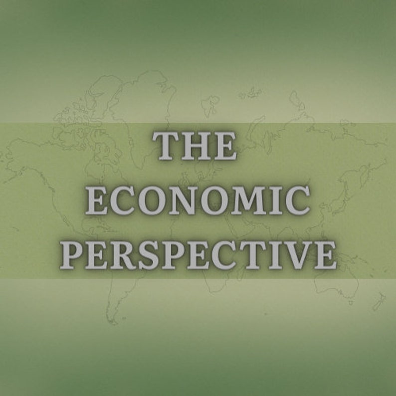 May include: A green background with a world map outline in white. The text "THE ECONOMIC PERSPECTIVE" is written in grey letters.