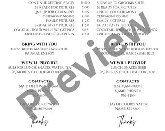May include: A black and white wedding checklist with the text "let's do this" at the top. The checklist includes a timeline for the bridesmaids and groomsmen, a list of items to bring, and a list of items that will be provided. The checklist also includes contact information for the maid of honor, best man, and day of coordinator. The checklist ends with the text "Thanks" and the phrase "Bride + Groom".