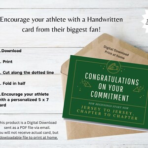May include: A green card with gold text that reads "CONGRATULATIONS ON YOUR COMMITMENT" inside a brown envelope. The card also says "JERSEY TO JERSEY, CHAPTER TO CHAPTER". The image includes instructions for downloading and printing the card.