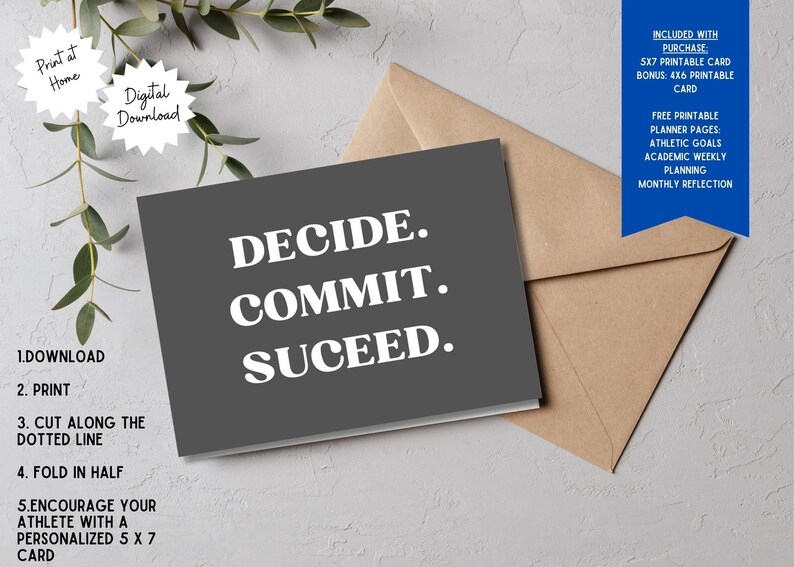 K&ouml;nnte beinhalten: Eine graue Karte mit den Worten "DECIDE. COMMIT. SUCEED." in wei&szlig;em Text. Die Karte liegt neben einem braunen Umschlag. Das Bild enth&auml;lt auch Anweisungen zum Drucken und eine Liste der enthaltenen Artikel.