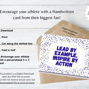 Peut inclure: Carte numérique à télécharger avec le texte "LEAD BY EXAMPLE, INSPIRE BY ACTION" en bleu. La carte est dans une enveloppe marron. Instructions : télécharger, imprimer, couper et plier. La carte mesure 12,7 x 17,8 cm.