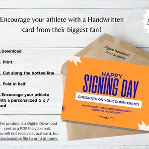 May include: An orange card with the text "Happy Signing Day" and "Congrats on your commitment!" is inside a brown envelope. The card is a digital download, ready to print at home. The card is 5 x 7 inches.