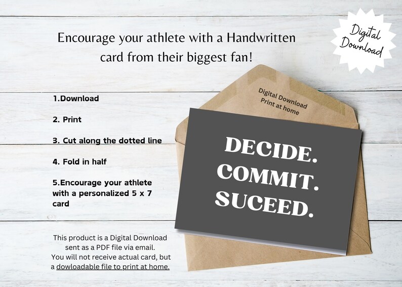K&ouml;nnte beinhalten: Eine digitale Download-Karte mit den Worten "DECIDE. COMMIT. SUCCEED." auf grauem Hintergrund. Die Karte befindet sich in einem braunen Umschlag. Das Bild enth&auml;lt auch Druckanweisungen und eine "Digital Download"-Grafik.