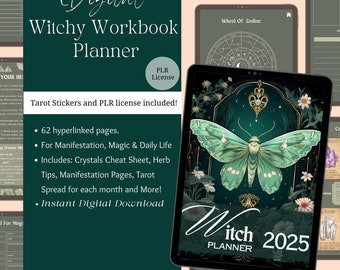 Witchy Digitaler Planer 2025, PLR Grüne Hexe Arbeitsbuch Goodnotes Monatsplaner Grimoire Digital Journal Astrologie Mond Tarot-Planer IPad