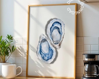 Oyster Print, Trendy Light Blue Kitchen Wall Art, Coastal Seashell Poster, Nautical Decor, Aesthetic Downloadable Prints Beach House Decor