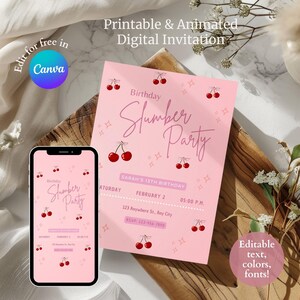 Roze sleepover-uitnodiging voor feest, afdrukbare en bewerkbare canva-sjabloon 13e verjaardag meisje digitale coquette sluimeruitnodiging, Instant Download