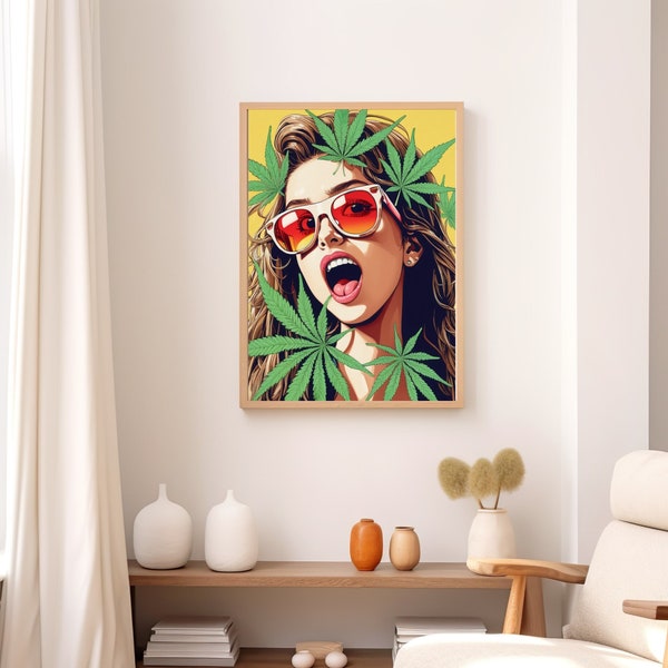 Poster weed, art mural girly funky, art mural rétro, impressions preppy, affiche maximaliste, impression murale créative, cannabis, cadeau unique pour stoner, dopamine