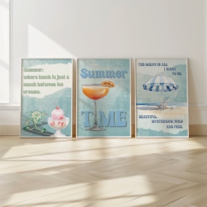 Beachy Retro Wall Art Set of 3, Blue Summer Poster, Vintage Prints Kitchen Home Decor Printable Coastal Art Gift Beach House Decor Download