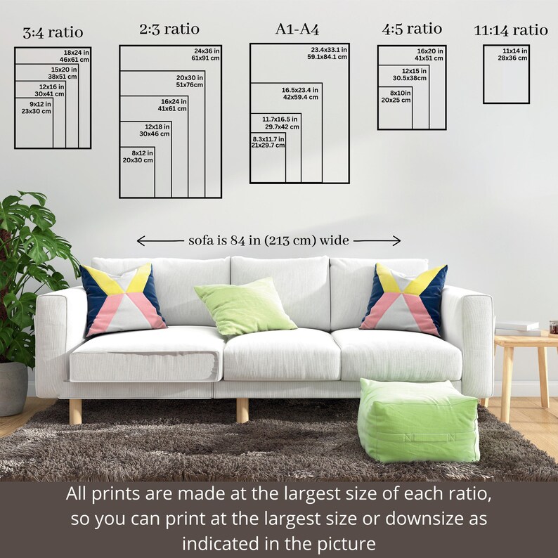May include: A living room scene featuring a white sofa with colorful throw pillows and a green ottoman. Above the sofa, various framed print sizes are displayed, with measurements in inches and centimeters. Text indicates the sofa is 84 inches wide.
