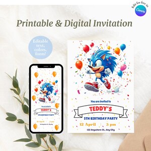 Faire-part d'anniversaire Sonic le hérisson imprimable Invitation d'anniversaire pour garçons pour enfants Modèle de toile numérique modifiable Invitation de fête d'anniversaire pour 5e anniversaire